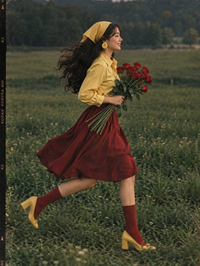 A young Asian woman running gracefully through an open grassy field in side profile, holding a bouqu