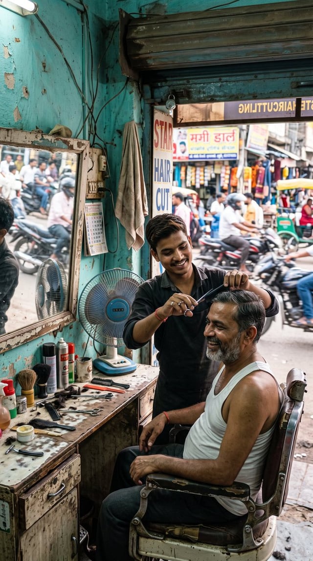 Photorealistic 4K street photograph of a young barber cutting a customer's hair at a tiny roadside b