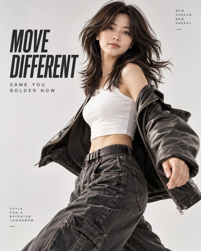 Create an energetic fashion advertisement featuring a stylish model captured mid-step, mid-turn, or 