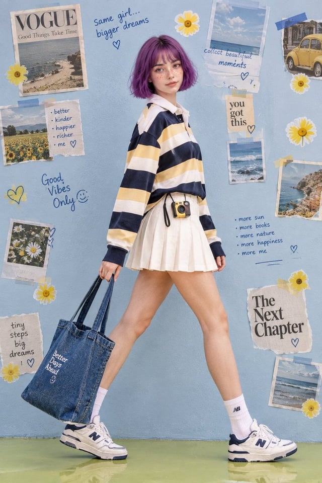 Create a hyper-realistic full-body fashion editorial of the same young adult female character from t