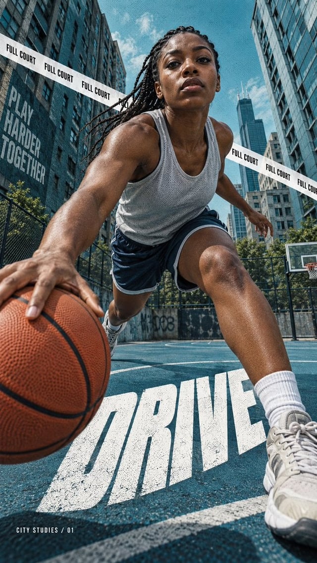 Create a full-bleed urban sports editorial poster, 9:16.