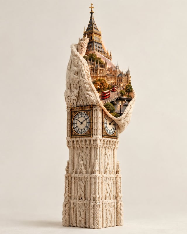 A surreal, high-end architectural art photograph of [STRUCTURE / LANDMARK] transformed into a giant 