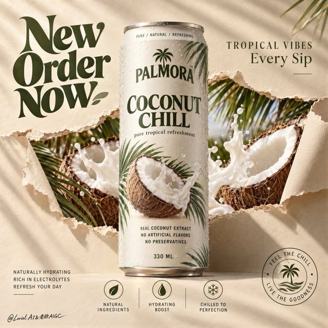 A hyper-real premium beverage poster advertisement for a fictional tropical drink brand called PALMO