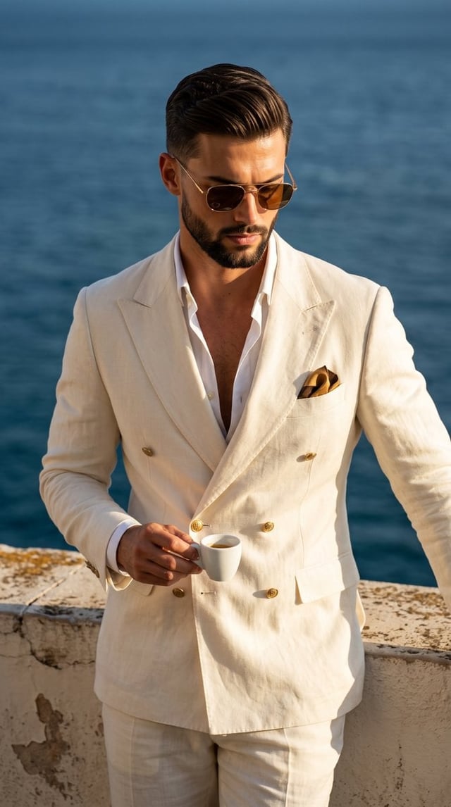 A muscular adult male exudes sophisticated masculine elegance in a cream white double-breasted linen