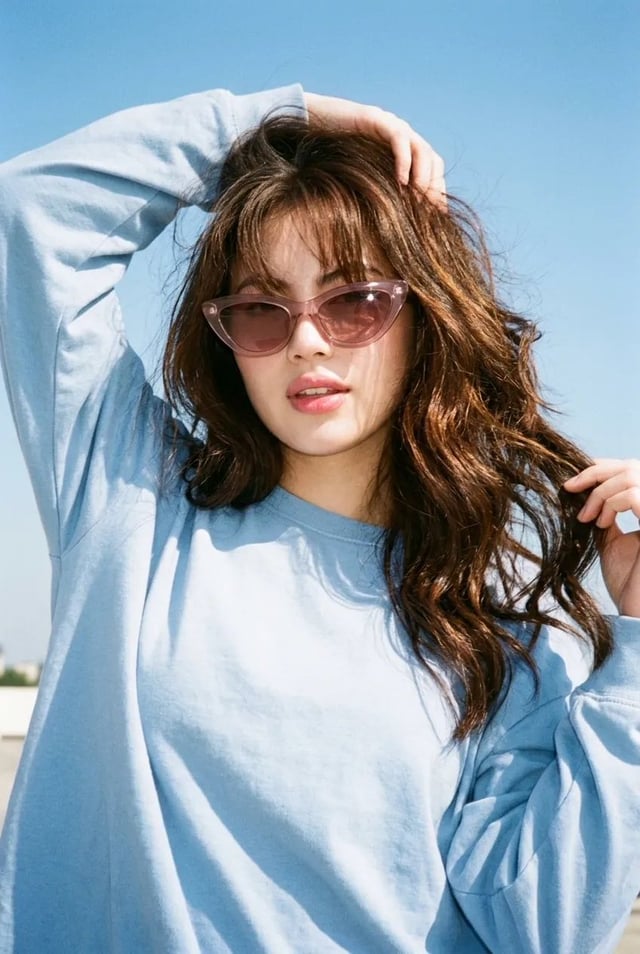Ultra-realistic vintage Y2K summer fashion portrait of an adult woman, vertical 2:3, captured with a