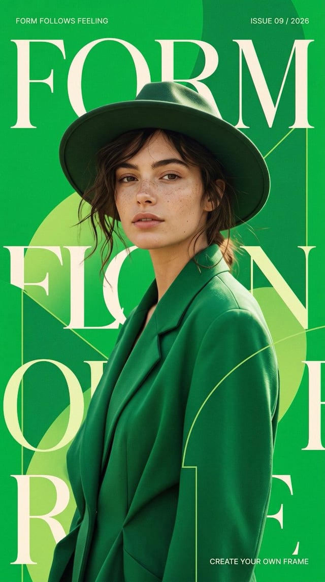 Create a unique 9:16 vertical editorial fashion poster with a rich parrot-green, vivid emerald, fres