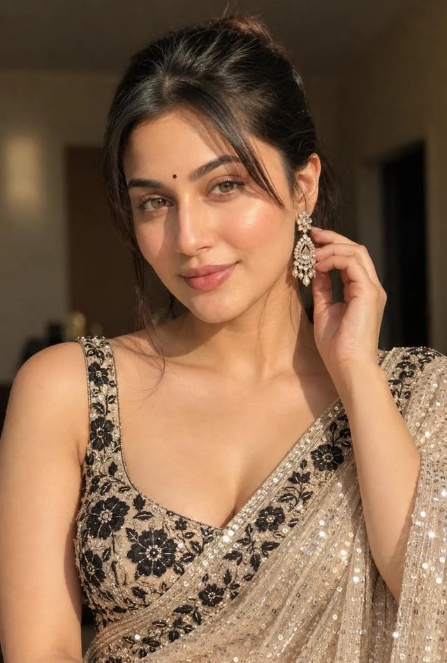 Create a highly realistic portrait of a beautiful South Asian woman wearing an elegant champagne-gol