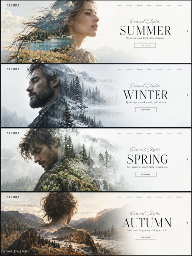 Create a premium editorial web-design campaign board for a fictional lifestyle brand called AETHRA, 