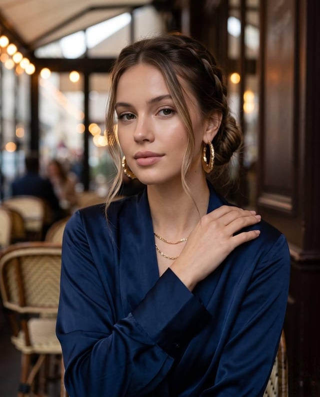 A high-resolution photorealistic eyelevel portrait of a stylish young Caucasian woman sitting in a w