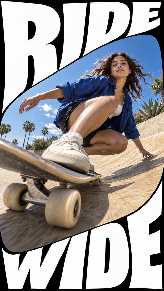 Create a finished youth-culture editorial campaign poster, 9:16. Elastic megatype aperture, one conn