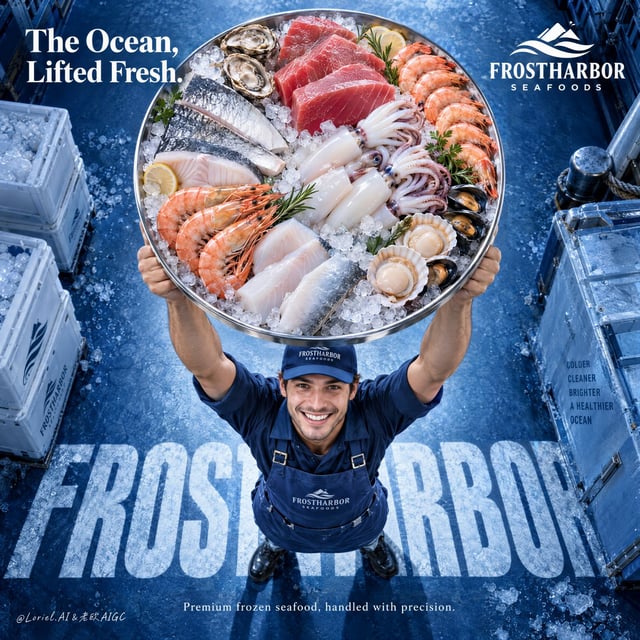 Create a premium frozen seafood advertising poster for a fictional international brand named FROSTHA