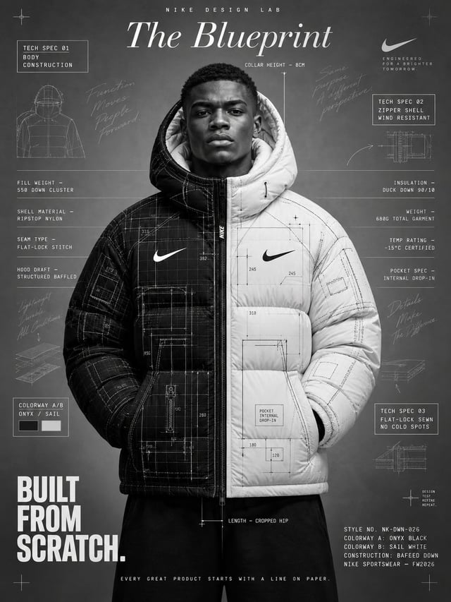 Create a premium high-concept Nike product advertisement poster, square 4:3 ratio, entirely monochro
