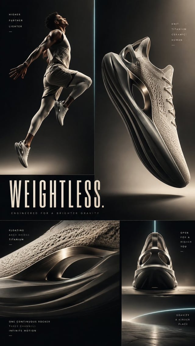 Create a premium future-sport editorial footwear concept board, 9:16, full bleed. Modular panel atel