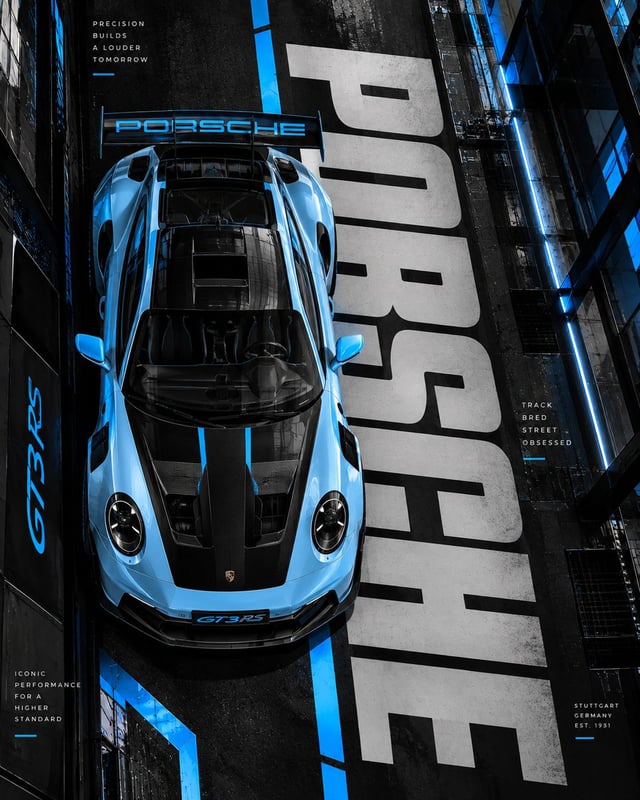 Create a premium futuristic automotive editorial poster featuring a high-performance sports car, des