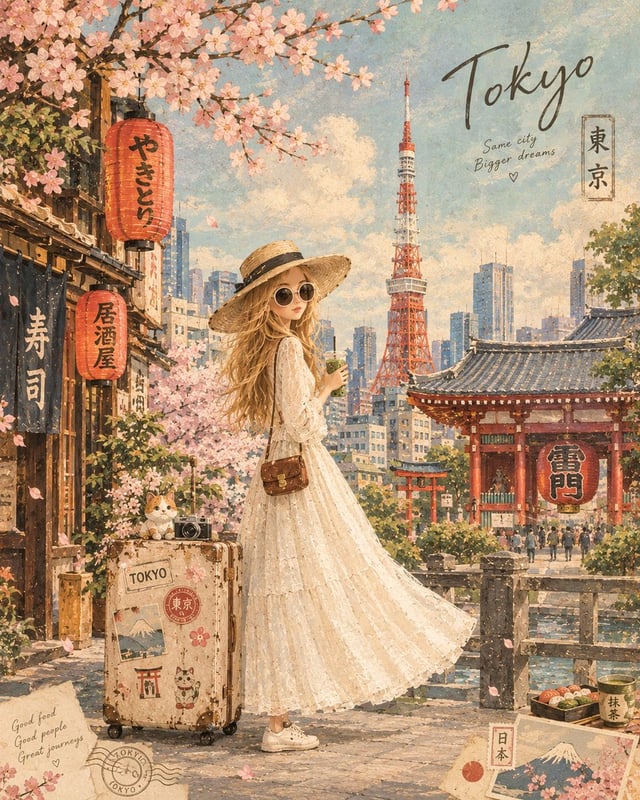 Create a whimsical vintage travel illustration featuring [Country Landmark] as the central subject. 