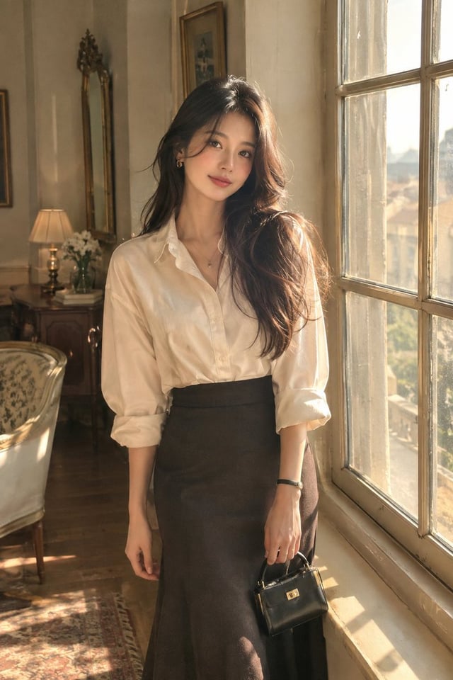 Create a highly photorealistic aesthetic portrait of an elegant adult woman standing beside a large 