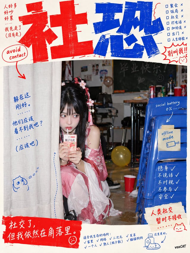 [主题]，将主题中的核心网络隐喻或语言梗实体化为一个荒诞但真实存在的摄影场景。反设计 Editorial × 日本学生展览海报 × 中文互联网 Meme × 2000s 消费级数码相机直闪摄影 × D