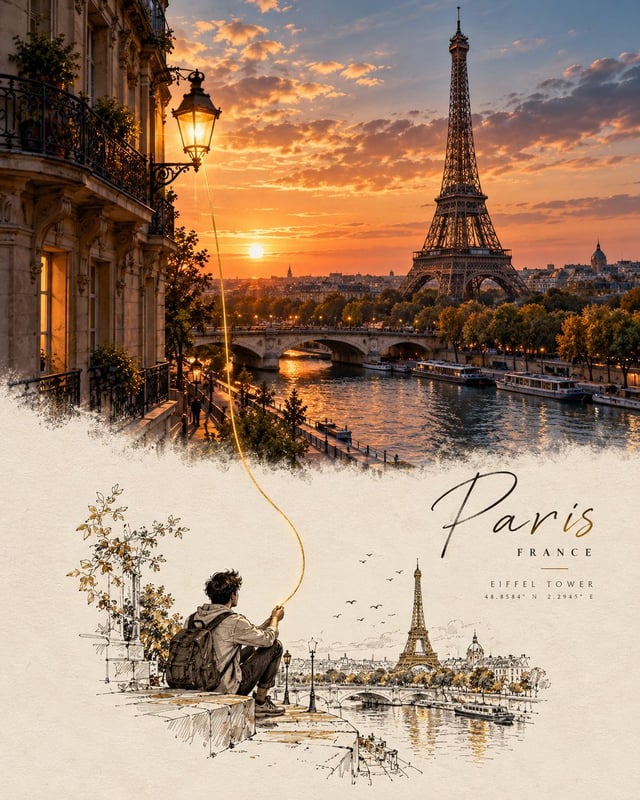 Create a sophisticated conceptual travel-art poster based on [Landmark / City / Country], inspired b