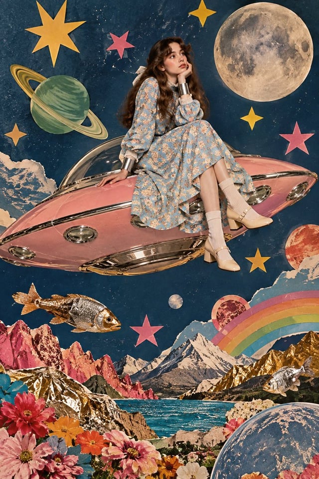 Surreal vintage collage art featuring a young woman in a retro modest light blue floral long-sleeve 