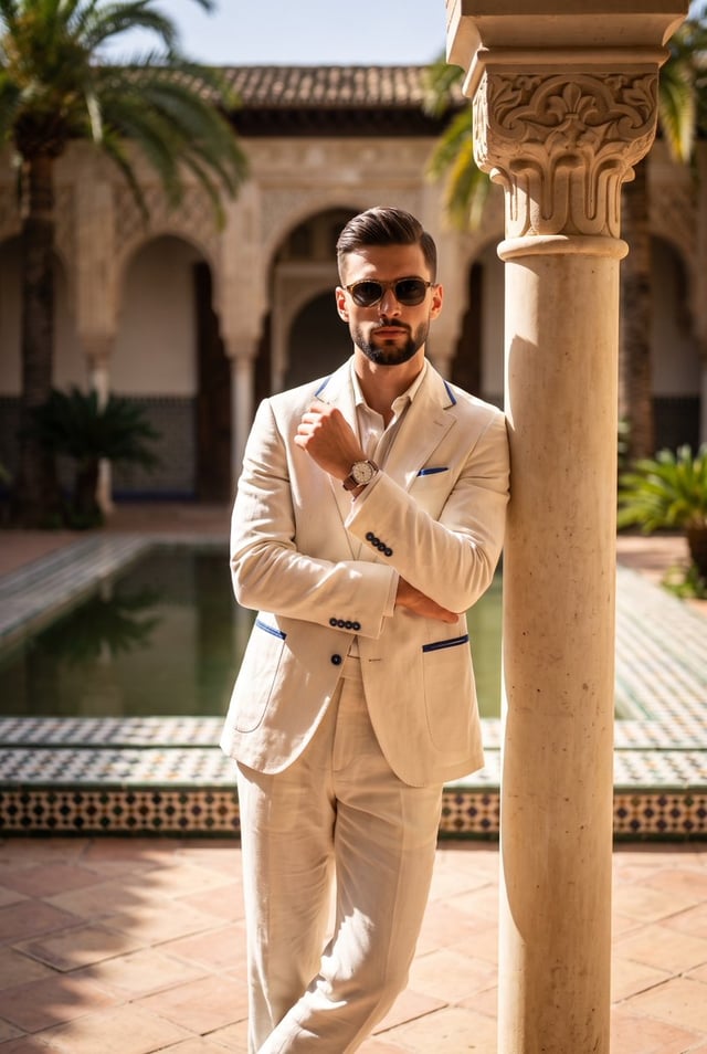 A confident male model stands center frame, facing straight on and leaning back slightly with his we