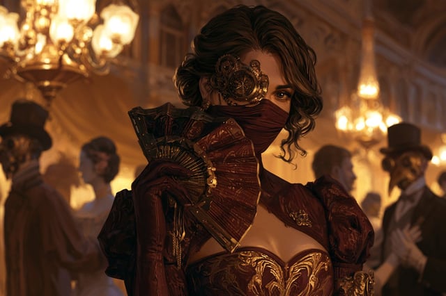 [Subject] portrayed at a Clockwork Masquerade, where elegantly dressed automatons and brass-masked a