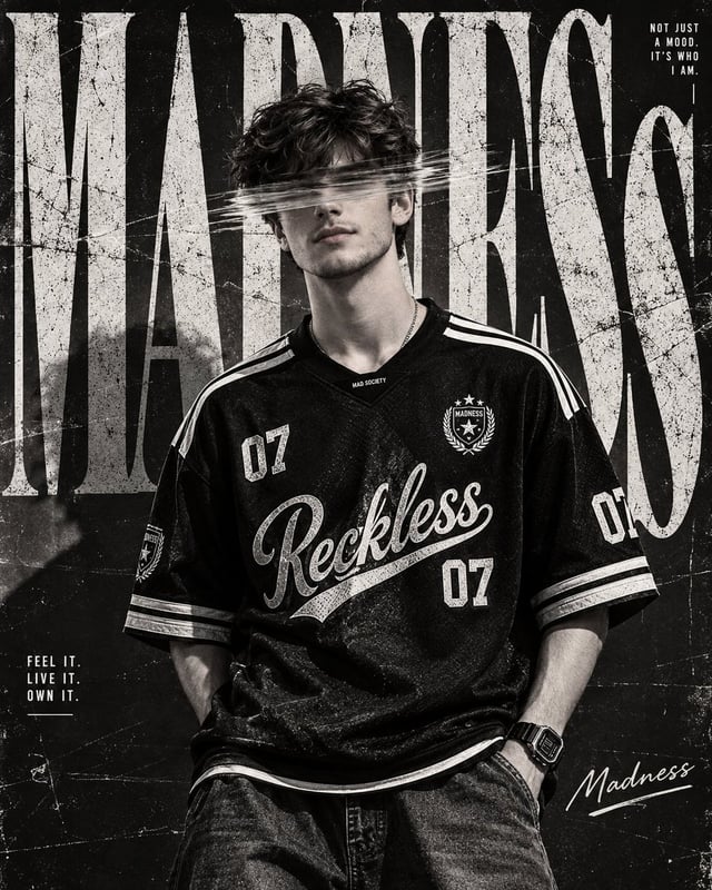 Create a high-end monochrome fashion editorial poster featuring a young male model standing confiden
