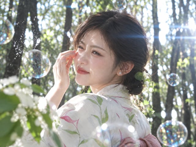 生成一张全新的单帧实拍风格照片。4:3 横幅，林荫花冰与泡泡的夏日私摄影。人物是输入图1的同一位成年女性，保留面部轮廓、眼形、鼻唇关系和真实皮肤质地；换成原始写真中的薄刘海、两侧低位内卷发髻、少量绿叶