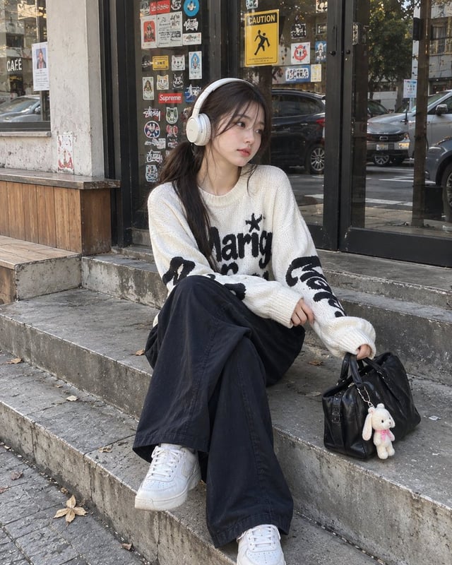 A photorealistic candid street-style portrait of a young woman sitting casually on the concrete step