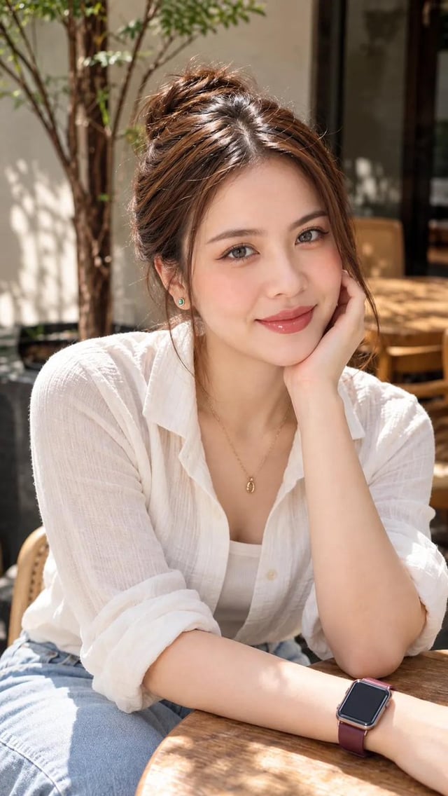 A high-resolution photorealistic eye level portrait of a young East Asian woman with soft natural ma
