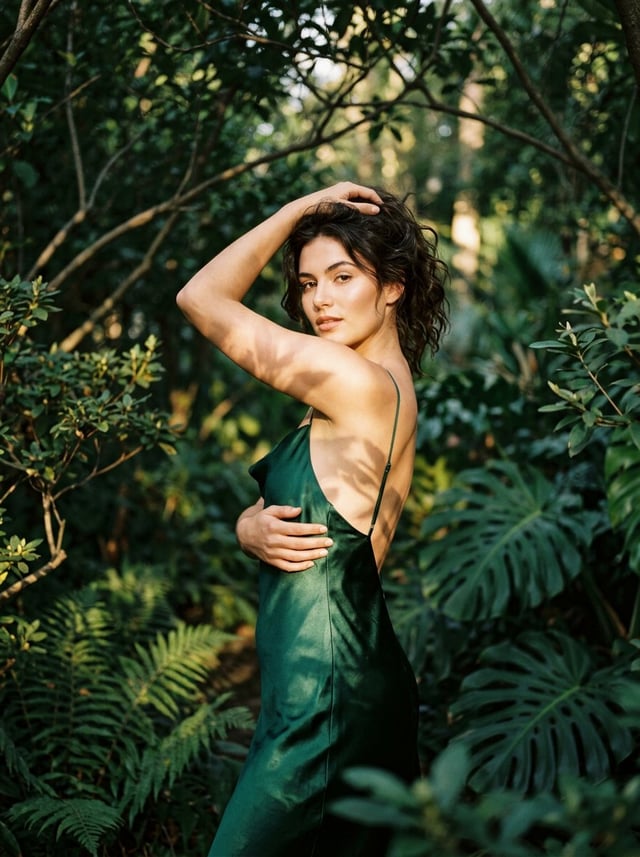 An elegant portrait of a woman against a natural backdrop, imbued with sensuality and a refined aest