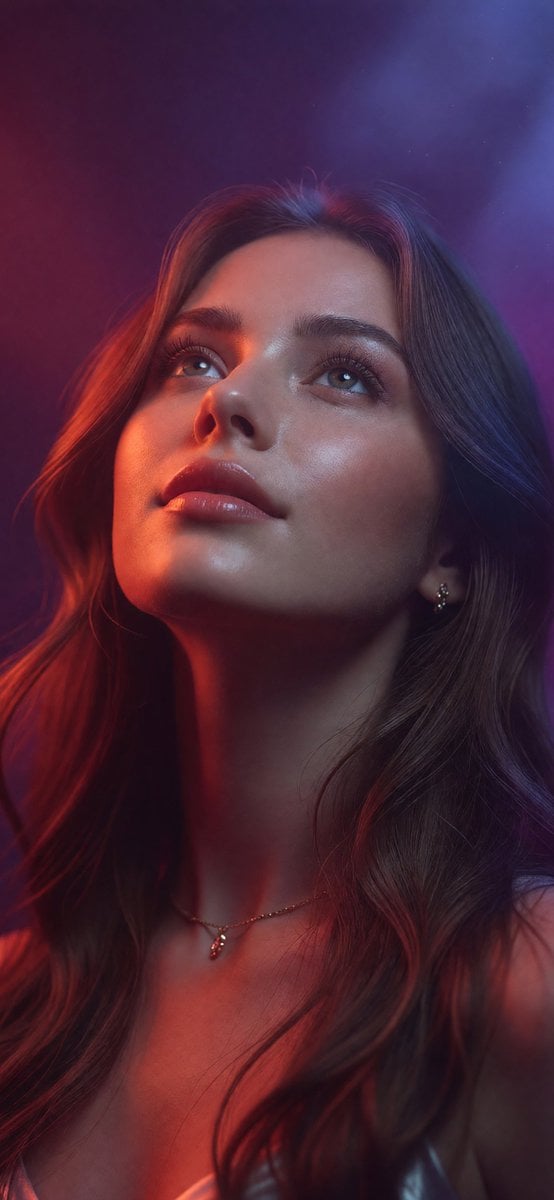 Create a photorealistic cinematic close-up portrait of a beautiful young woman in a dramatic low-ang