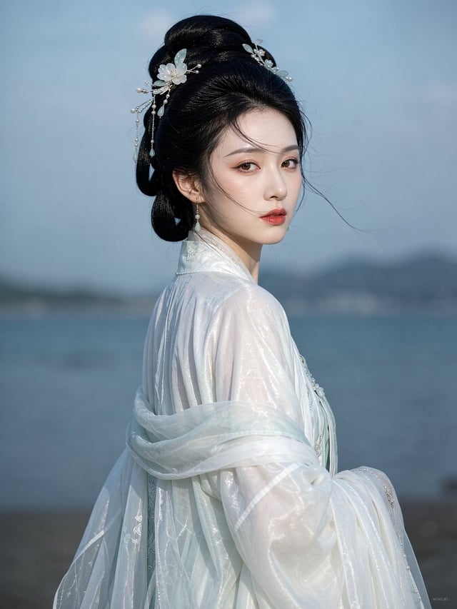 [角色主题]，成年东方女性，真人古风角色写真，半身偏近景，身体轻微侧向画面一侧，肩背朝前，头部自然回转看向镜头，形成克制优雅的侧身回眸姿态；下巴微收，颈部线条修长，神情安静、清冷、端庄，嘴角保持轻微放