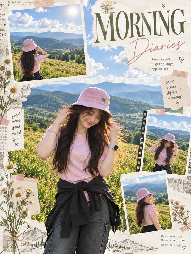 Create a high-end morning editorial scrapbook poster from the uploaded photo. Transform the sunset s