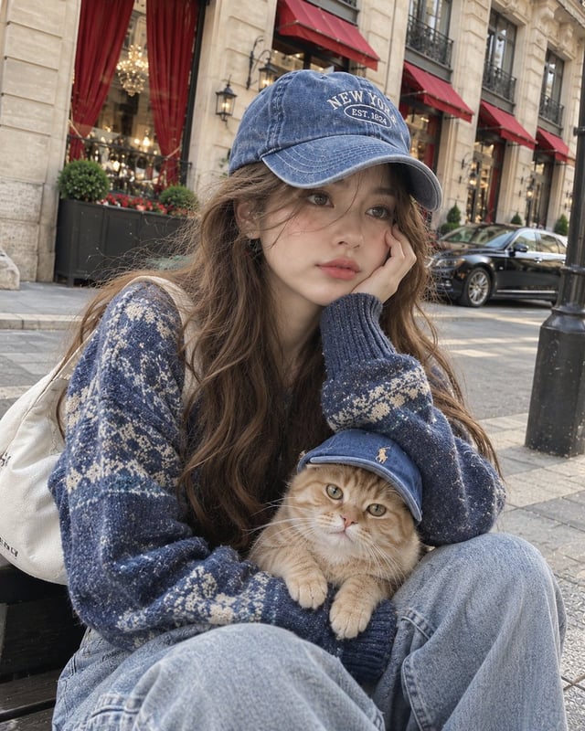 A realistic close-up street selfie of a young woman with long, wavy light-brown hair and soft natura