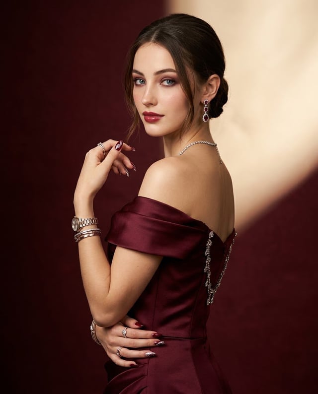Create a highly realistic vertical 4:5 luxury evening portrait of a young woman posing in a sophisti