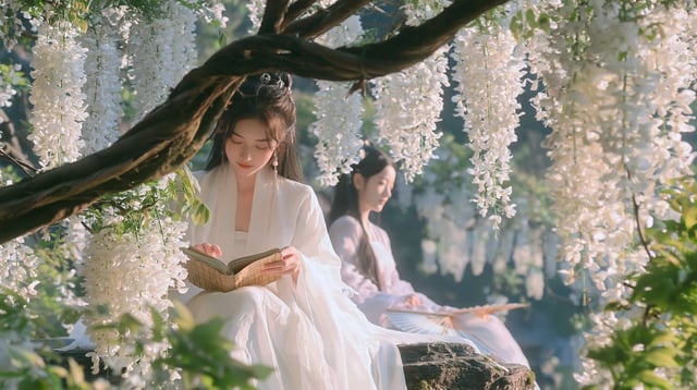 紫藤花谷，坐石读书