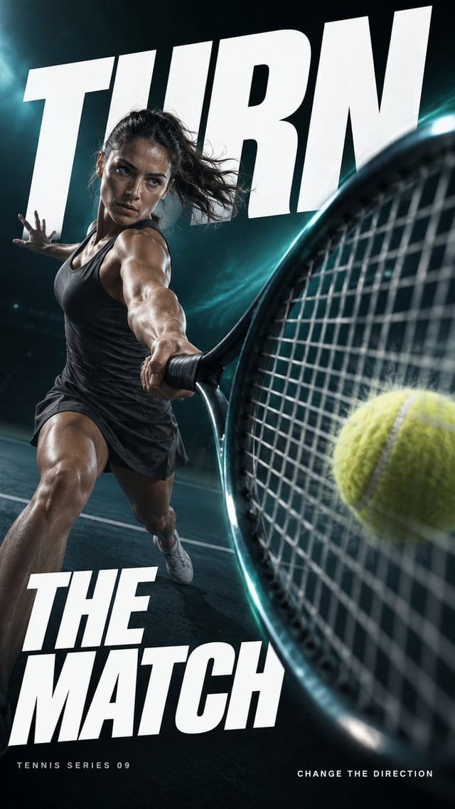 Create a finished premium sports campaign poster, 9:16, full bleed. Extreme near-to-far athletic pho