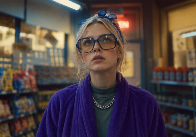 A cinematic commercial comedy film still of a beautiful young blonde woman in her mid 20s standing c