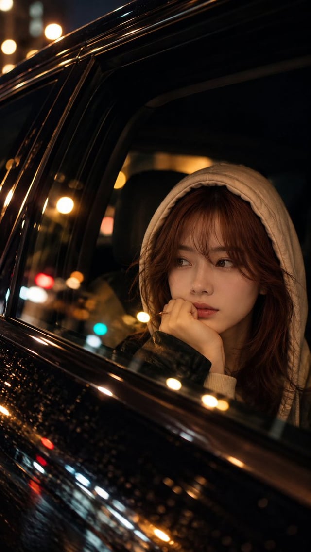 Create a cinematic photorealistic portrait of a young woman sitting inside a dark luxury car at nigh