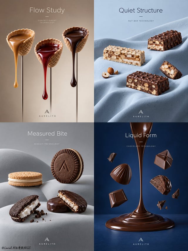 A Cannes-level four-panel confectionery technology campaign poster for a fictional premium brand cal