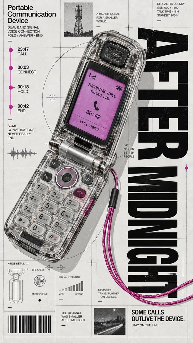 Create a 9:16 retro-tech editorial poster about communication and physical digital interfaces.