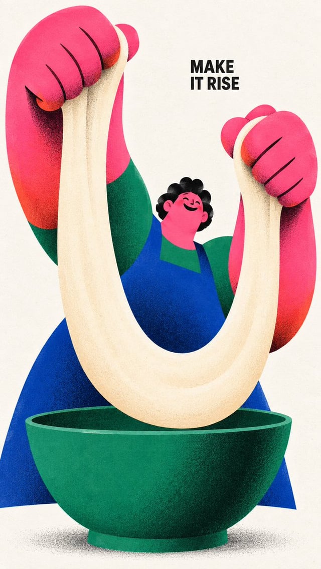 Create a finished editorial character poster, 9:16, edge-to-edge warm off-white paper. Flat geometri