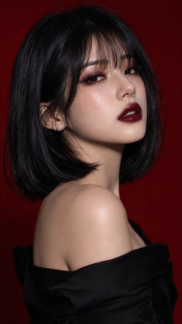 A high-fashion cinematic beauty portrait of an elegant adult East Asian woman against a deep crimson