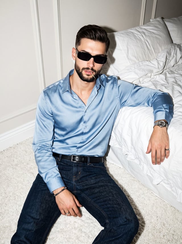 A young male model sits confidently on a white shag carpet floor, facing the camera with his weight 