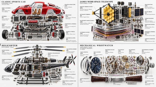 2x2 grid, 16:9, do this for 4 complex inventions, like a classic car, James Webb, and 2 others: A hy