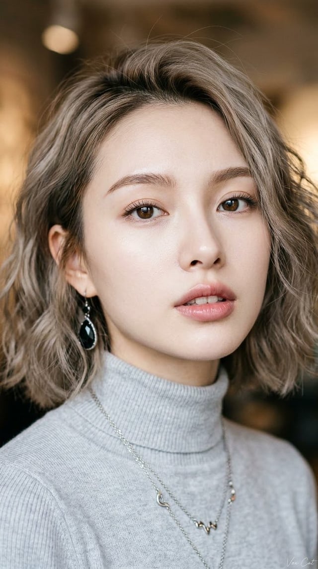二十岁出头年轻东亚女性特写肖像，微混血感精致骨相，面部折叠度高，五官立体集中，流畅精巧的鹅蛋心形脸，颧骨平缓不外扩，下颌线条清晰紧致自然内收，小巧圆润微收下巴，饱满紧致的面颊与苹果肌，神态专注优雅且带