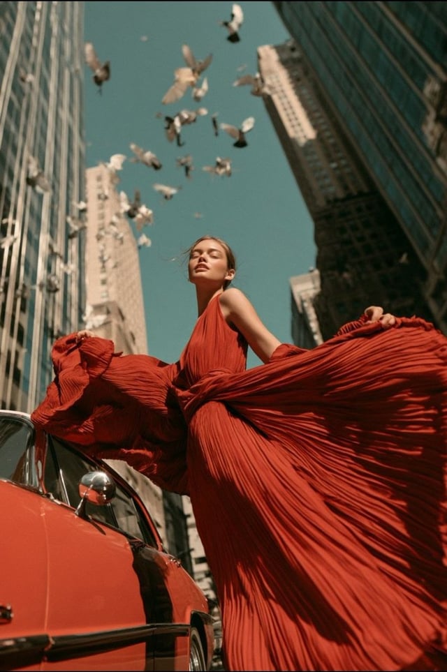 A striking high-fashion editorial photographed from an extreme low street-level angle in Manhattan, 