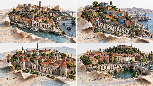2x2 grid, 16:9, 4 underrated cities A = { paper map layer: curled edges, tear region, fibers, layere