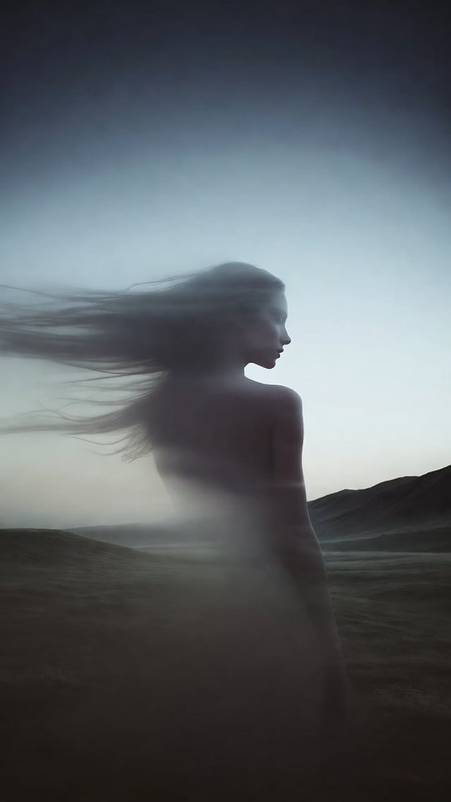 hyper-realistic artistic surreal minimalist image, grand master shot, a woman shown at the distance 