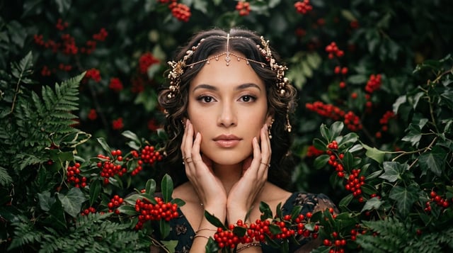 High end fine art beauty portrait of an elegant young woman surrounded by dense dark green foliage a